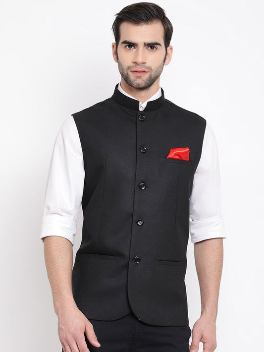 Men's Black Cotton Silk Straight Nehru Jacket