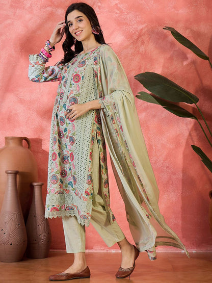 Dhiyona SN Women's Floral Printed schiffl Embroidered Straight Kurta With Trouser & Dupatta