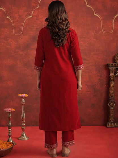 Motifs Embroidered Velvet Notch Neck Straight Kurta With Trousers & Dupatta