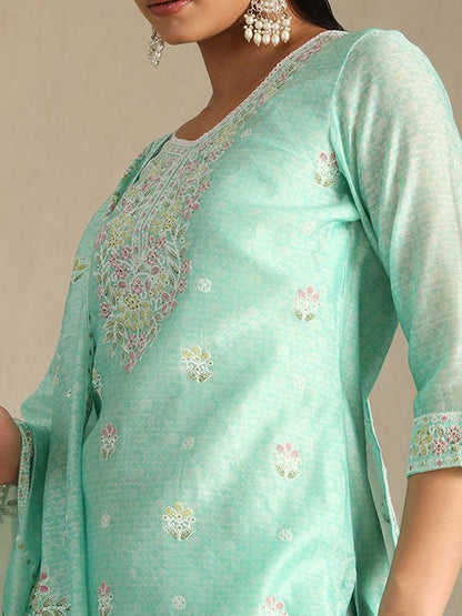 Dhiyona SO Women's Women Printed Regular Thread Work Chanderi Cotton Kurta with Palazzos & With Dupatta