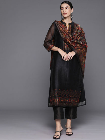 Dhiyona VA Women's Geometric Printed Mandarin Collar Regular Kurta & Trousers With Dupatta
