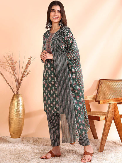 Dhiyona OD  Printed Mirror Work Pure Cotton Kurta With Trousers & Dupatta