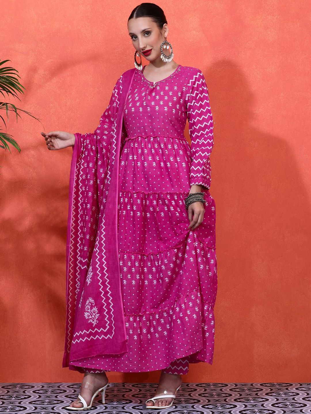 Dhiyona SN Women's Floral Printed Pure Cotton A-Line Kurta & Trousers Sets