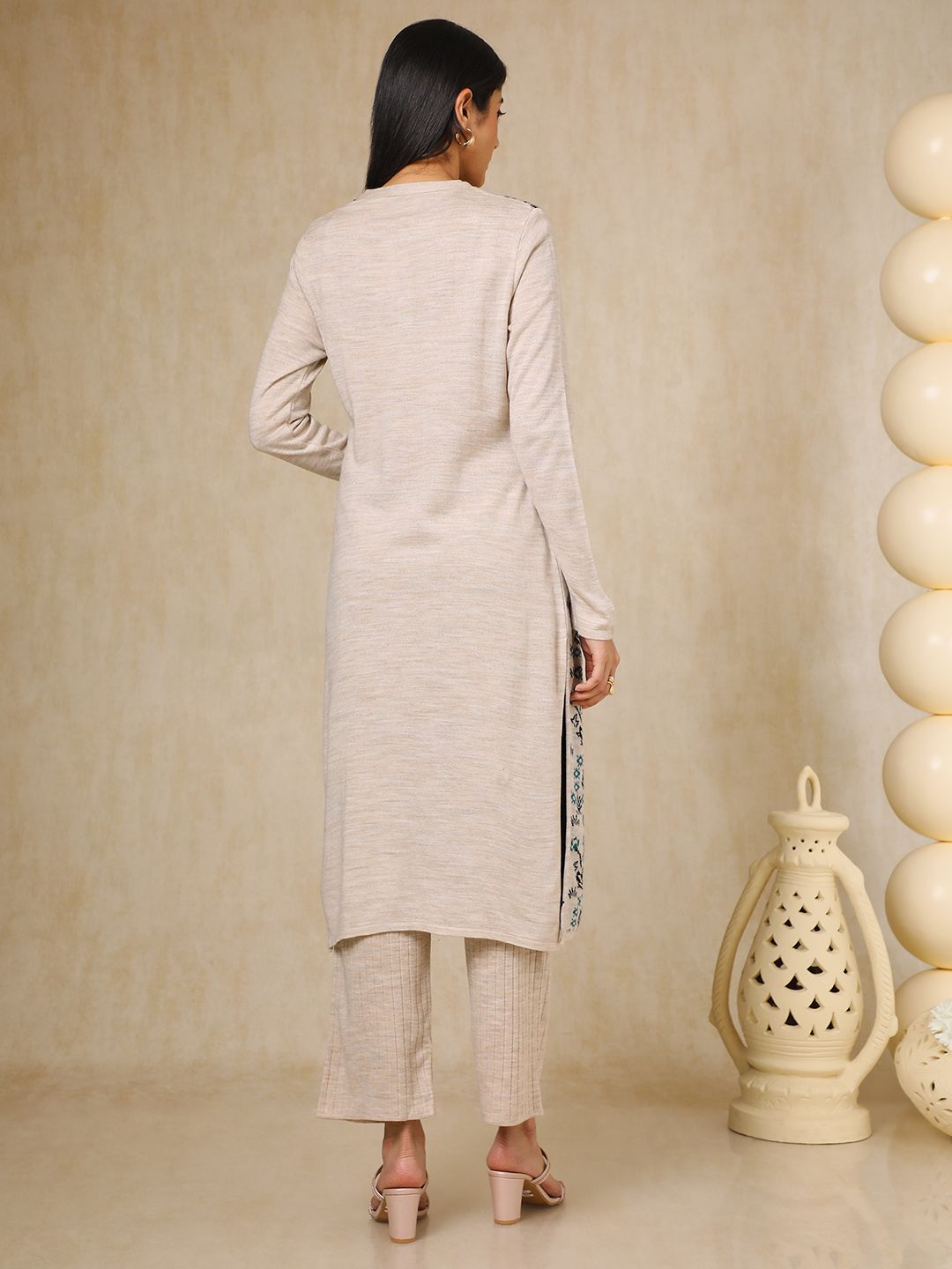 Dhiyona SO Women's Off White Floral Woven Design Mandarin Collar Acrylic Straight Kurta With Trouser