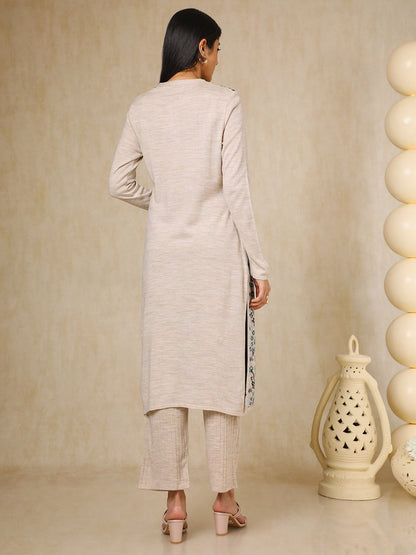 Dhiyona SO Women's Off White Floral Woven Design Mandarin Collar Acrylic Straight Kurta With Trouser