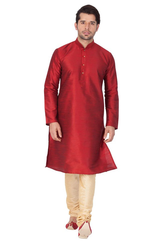 Men's Maroon Silk Blend Straight Kurta Pyjama Set