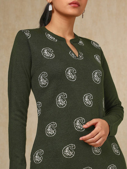 Dhiyona SO Women's Olive Green Paisley Woven Design Mandarin Collar Acrylic Straight Kurta With Trouser