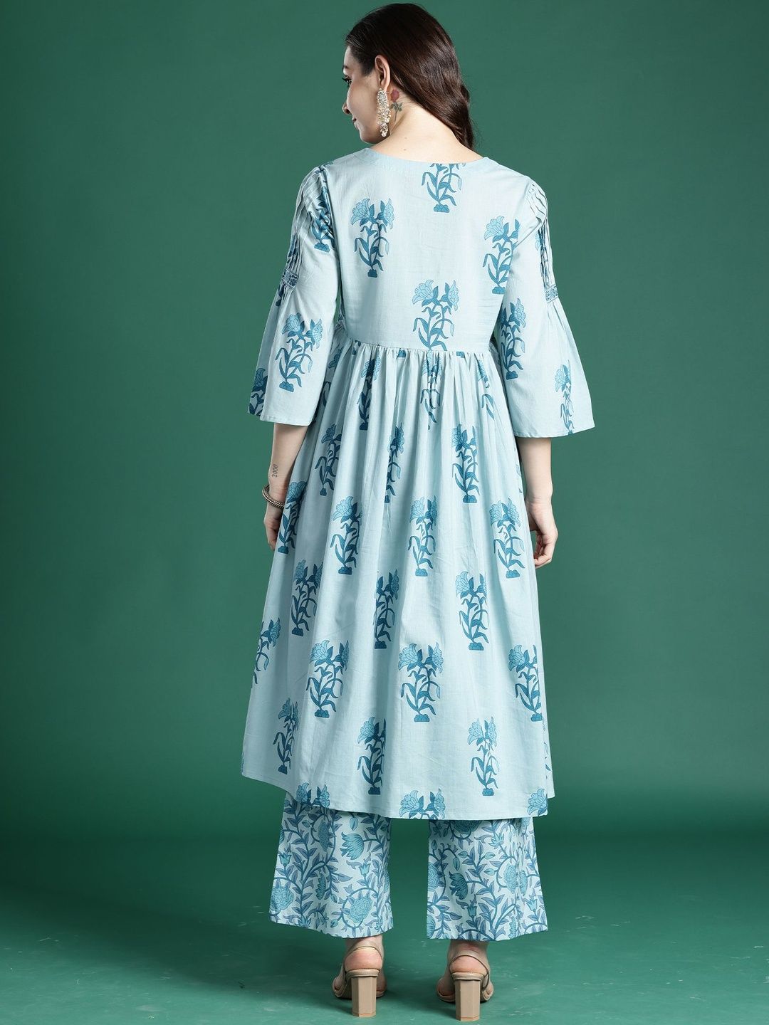 Women Floral Printed Empire Thread Work Pure Cotton Kurta with Palazzos