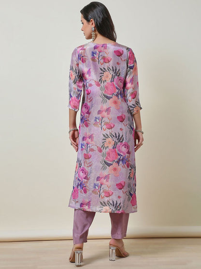 Dhiyona SO Women's Floral Printed Regular Beads and Stones Tissue Straight Kurta With Trouser