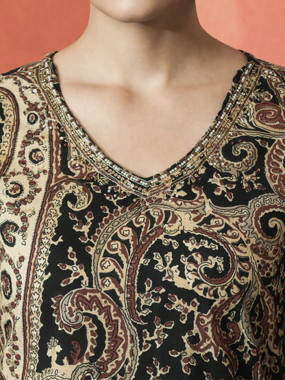 Dhiyona SN Women's Paisley Printed V-Neck Beaded Pure Cotton Straight Kurta With Salwar And Dupatta