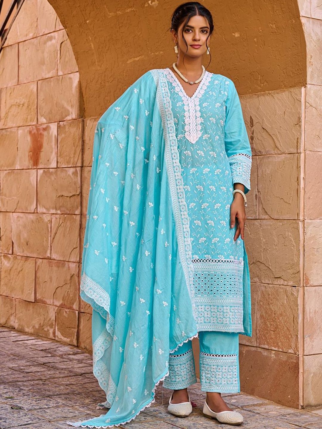 Women Ethnic Motifs Embroidered Regular Chikankari Pure Cotton Kurta with Trousers & With Dupatta