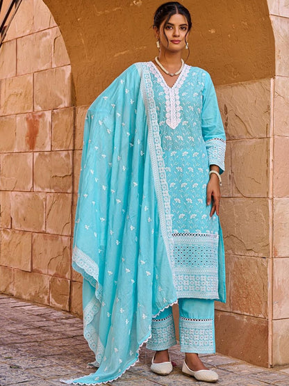 Women Ethnic Motifs Embroidered Regular Chikankari Pure Cotton Kurta with Trousers & With Dupatta