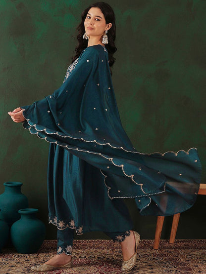 Dhiyona SN Women's Teal Floral Embroidered V-Neck Tread Work Anarkali Kurta & Trouser With Dupatta