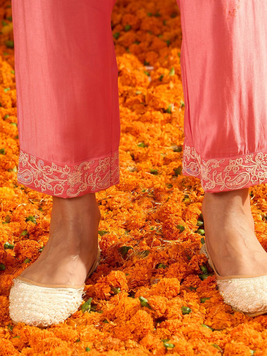 Floral Yoke Design Straight Sequinned Liva Kurta with Trousers & Dupatta