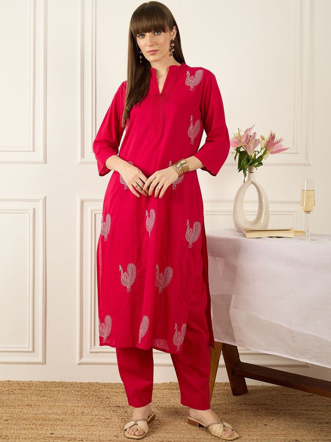 Dhiyona IE Embroidered Mandarin Collar Three-Quarter Sleeves Pure Cotton Tunic And Trousers