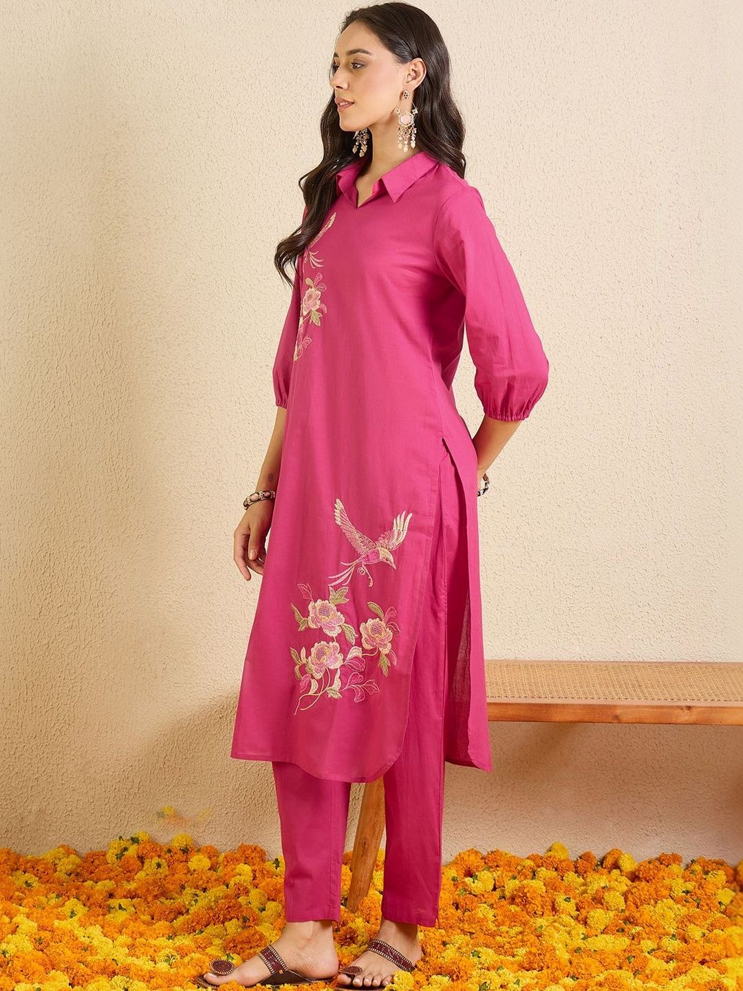 Women Floral Embroidered Regular Thread Work Pure Cotton Kurta with Trousers