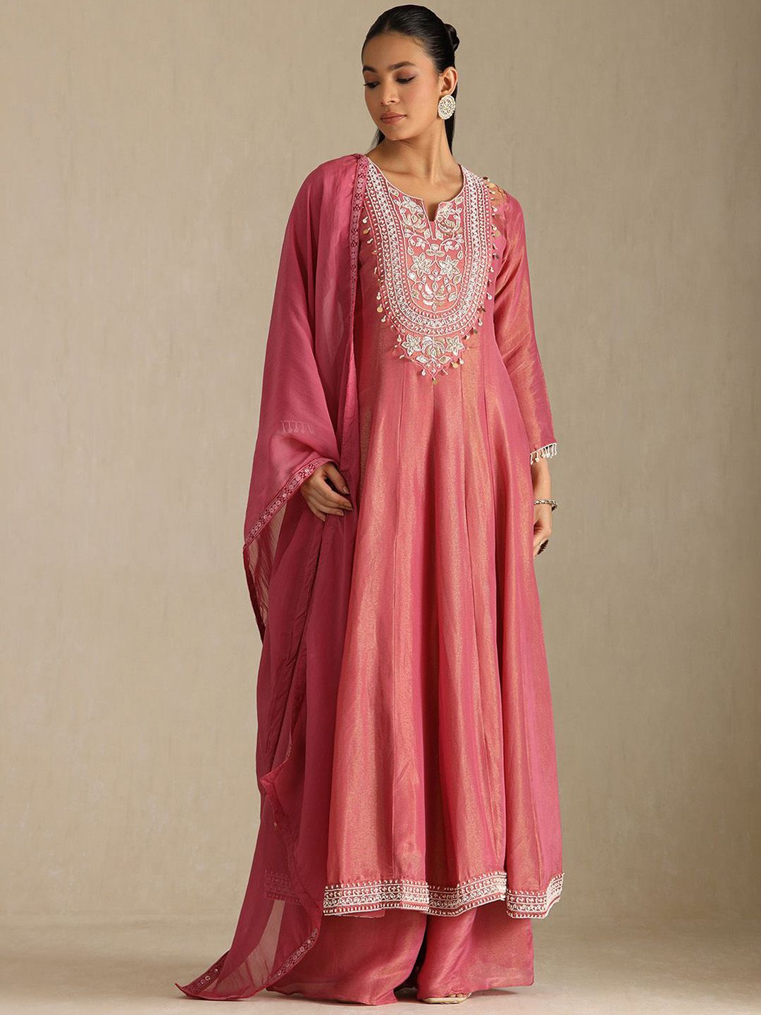 Dhiyona SO Women's Floral Yoke Design Beads and Stones Panelled Anarkali Kurta With Palazzos & Dupatta