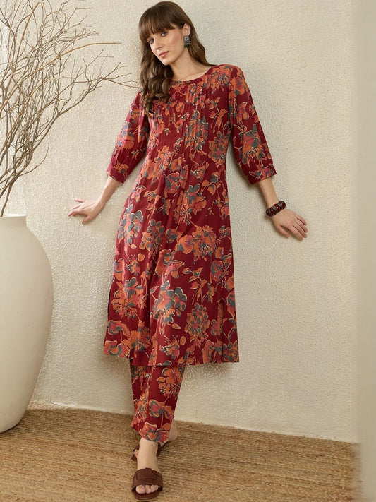 Dhiyona IE Printed V-Neck Three-Quarter Sleeves Pure Cotton Tunic And Trousers