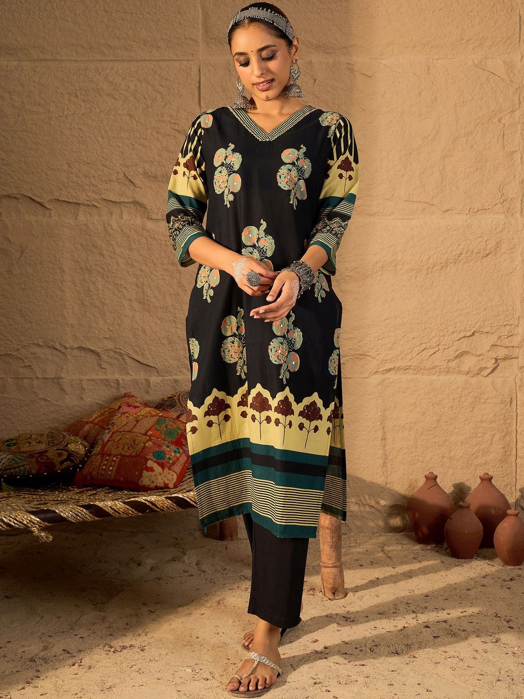 Women Ethnic Motifs Printed Regular Pure Cotton Kurta with Trousers & With Dupatta