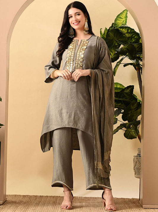 Dhiyona SN Women's Embroidered Keyhole Neck Bell Sleeves Kurta & Palazzos Set with dupatta