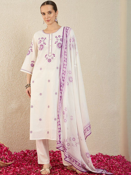 Women Floral Embroidered Regular Thread Work Pure Cotton Kurta with Trousers & With Dupatta