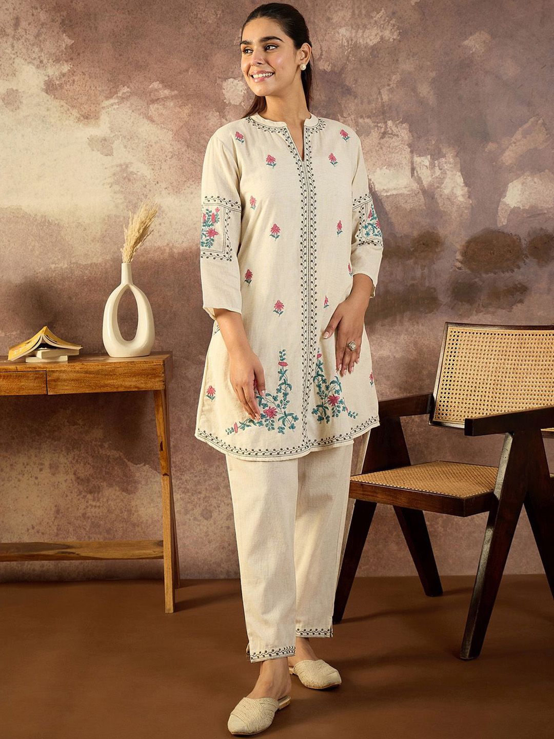 Women Ethnic Motifs Embroidered Pure Cotton Regular A-Line Kurta with Trousers