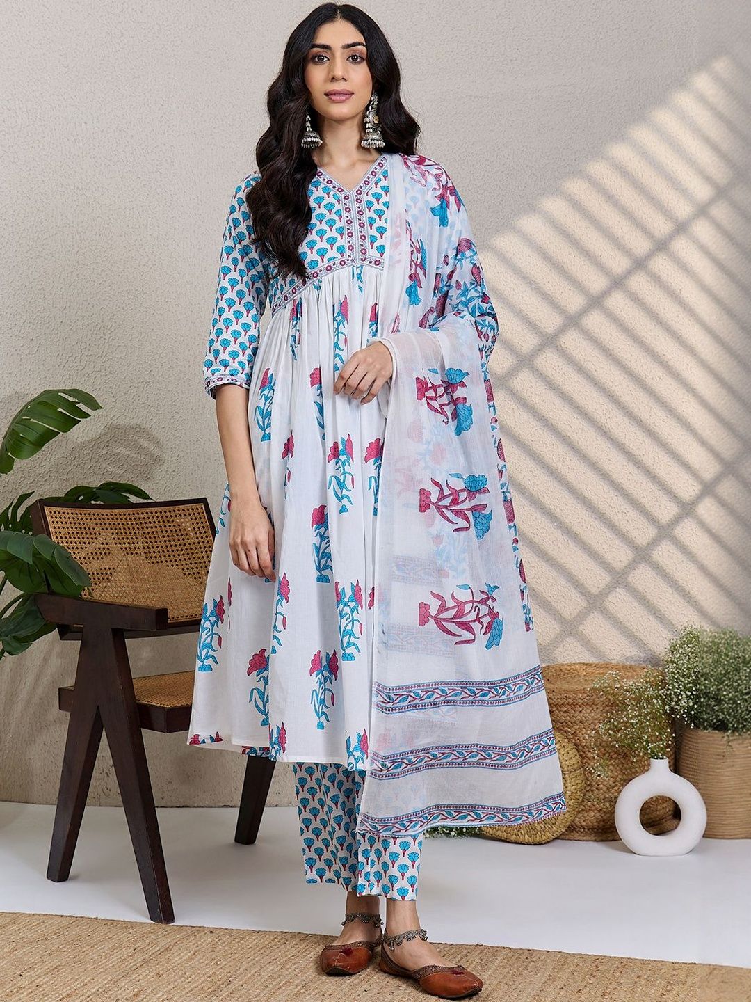 Dhiyona IE Women Floral Printed Cotton A-Line Kurta with Trousers & Dupatta