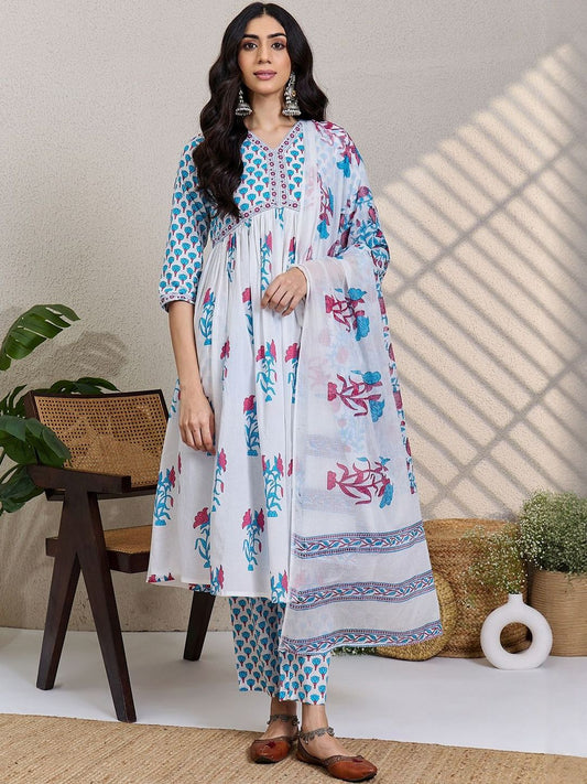 Women Floral Printed Cotton A-Line Kurta with Trousers & Dupatta