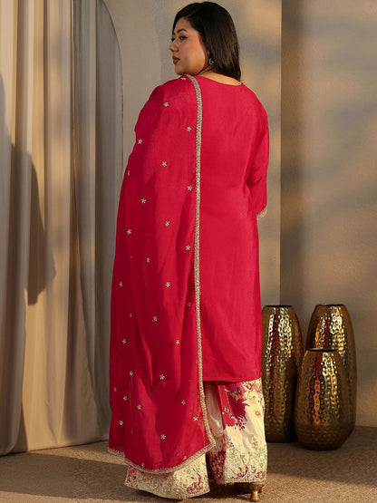 Dhiyona Women's Plus Size Floral Embroidered Kurta with Palazzos & With Dupatta