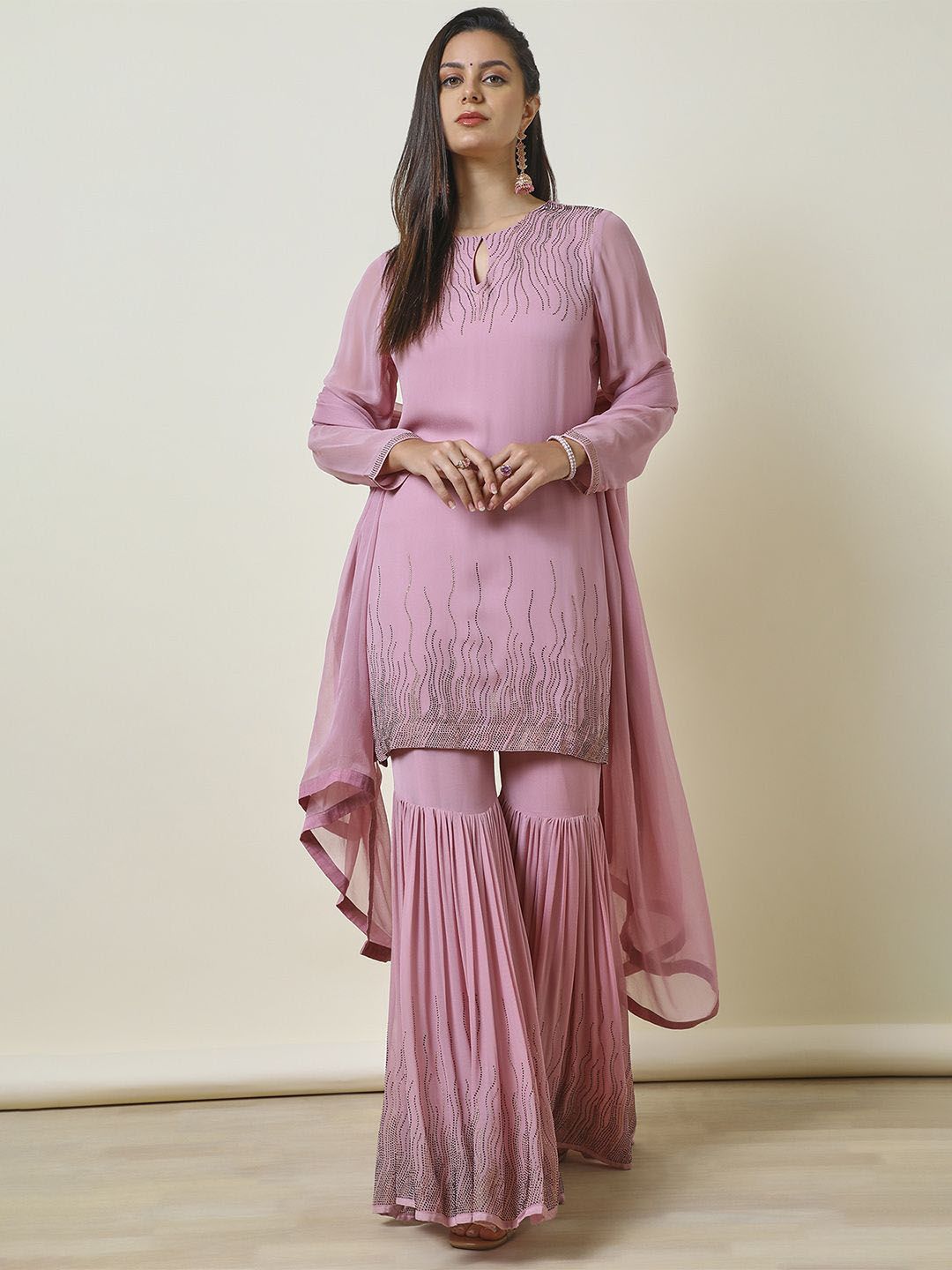 Dhiyona SO Women's Embroidered Regular Beads and Stones Straight Kurti with Sharara & Dupatta