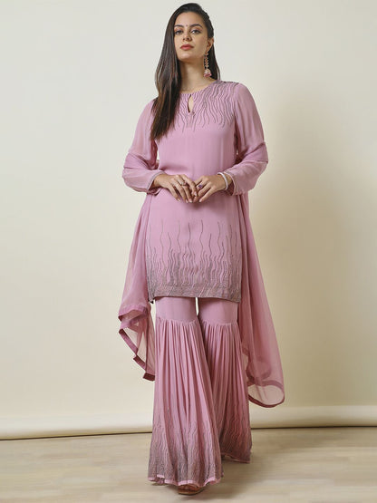 Dhiyona SO Women's Embroidered Regular Beads and Stones Straight Kurti with Sharara & Dupatta