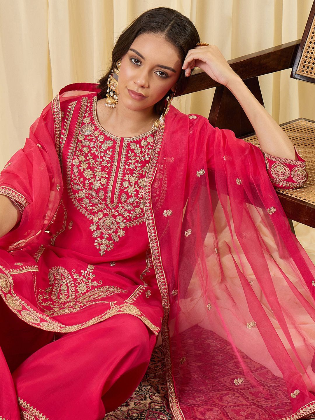 Women Ethnic Motifs Embroidered Regular Thread Work Kurta with Palazzos & With Dupatta
