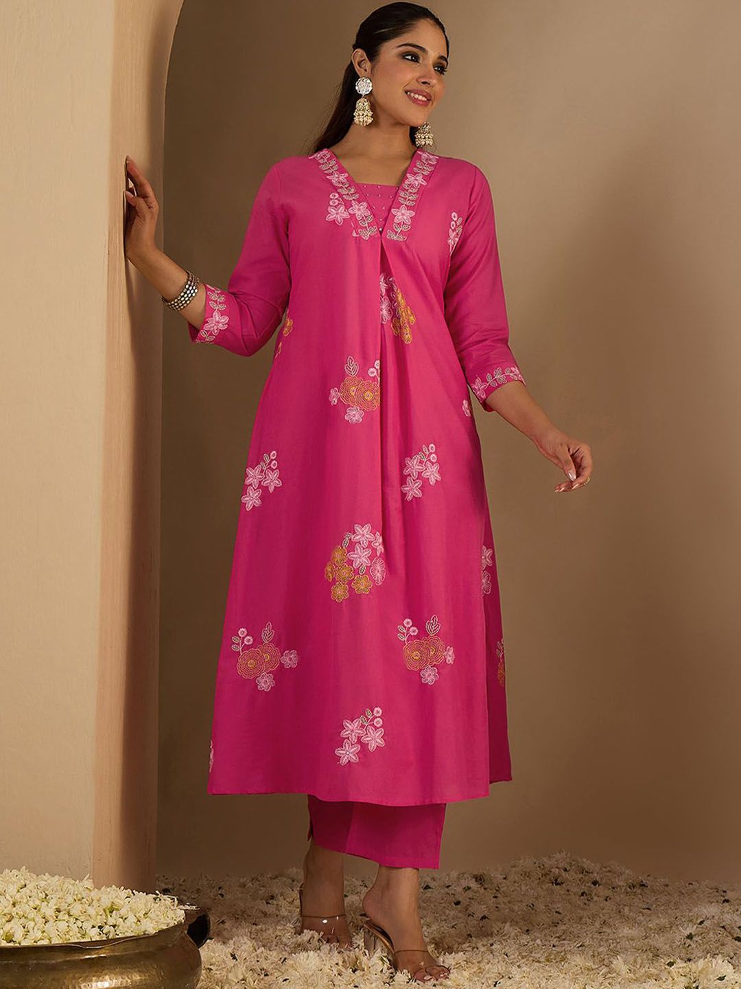 Dhiyona IE Women's Women Floral Printed Pure Cotton A-Line Kurta with Palazzos