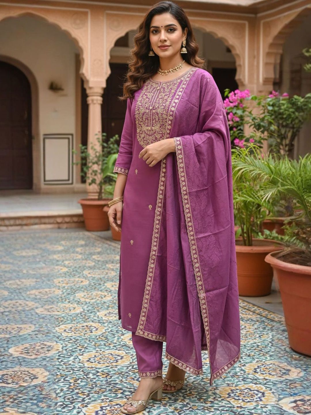 Dhiyona IE Women Mauve Embroidered Straight Kurta with Trousers & With Dupatta