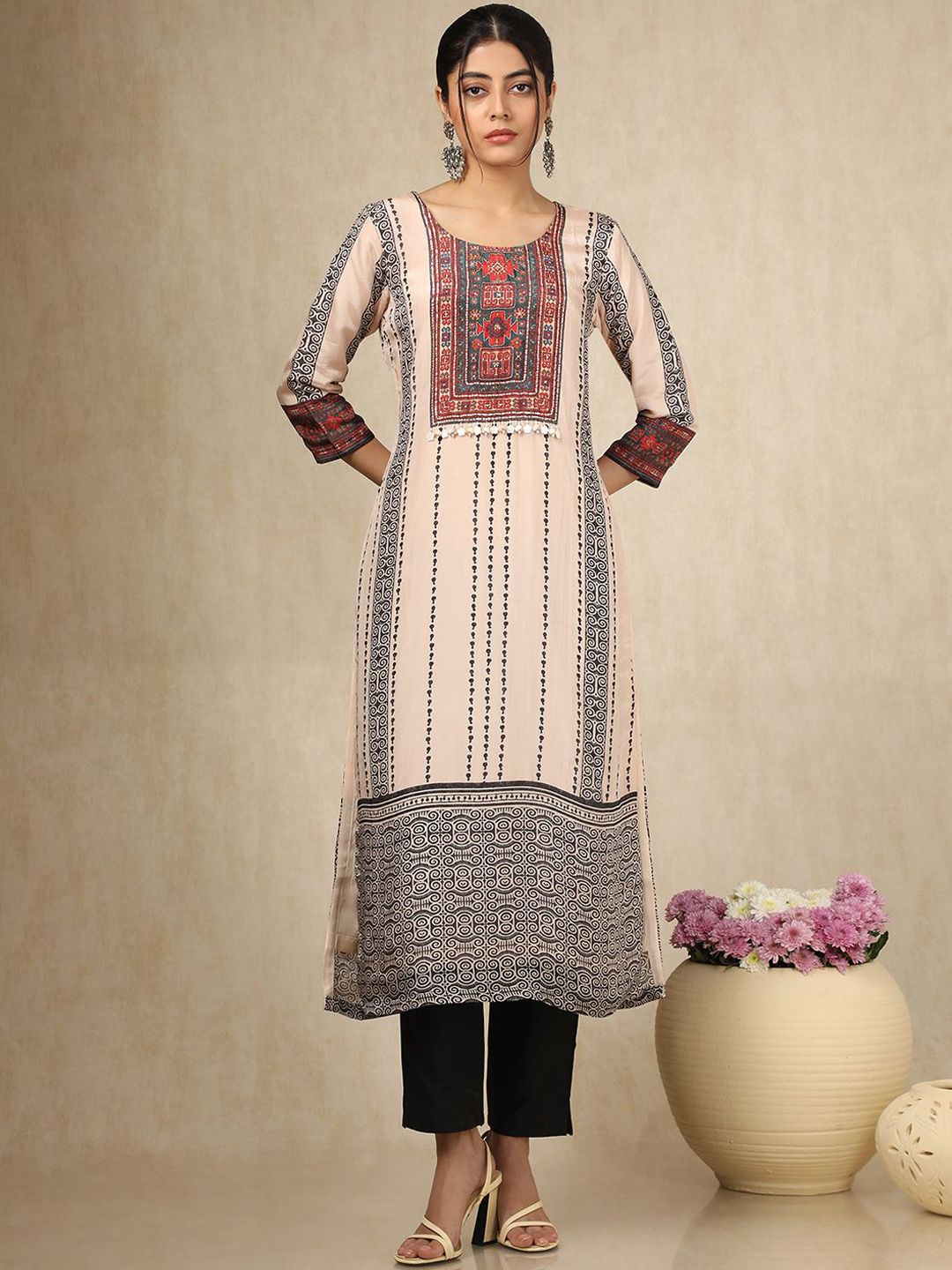 Dhiyona SO Women's Printed Straight Sequinned Pure Cotton Kurta With Trousers And Dupatta