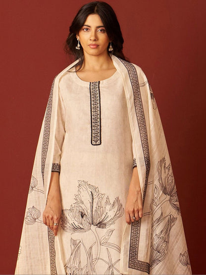 Women Floral Printed Regular Thread Work Linen Kurta with Trousers & With Dupatta