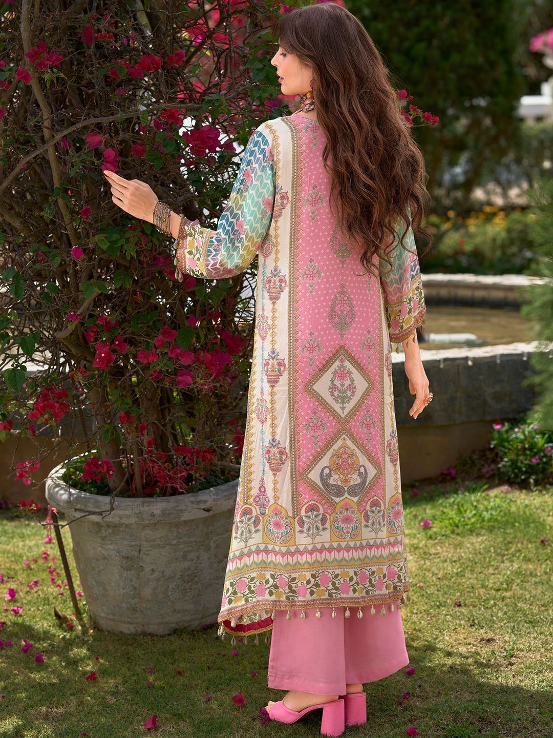 Ethnic Motifs Printed Mirror Work Liva Kurta With Trouser & Dupatta
