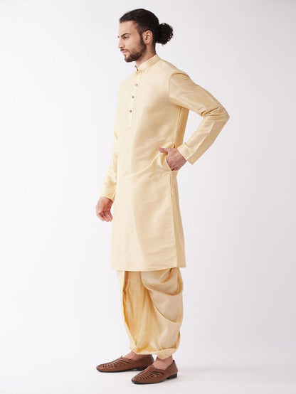 Men's Gold Silk Blend Straight Kurta and Dhoti Set