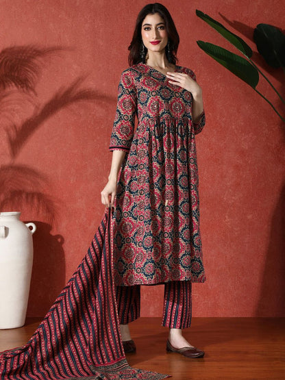 Dhiyona SN Women's Embroidered Pure Cotton A-Line Kurta & Trousers With Dupatta