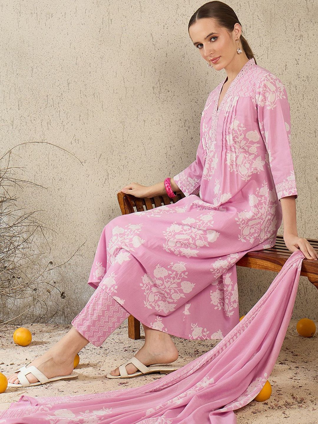 Women Floral Printed Pure Cotton A-Line Kurta with Trouser & Dupatta
