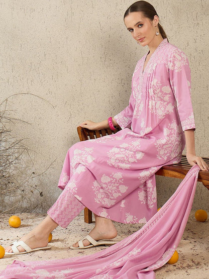 Women Floral Printed Pure Cotton A-Line Kurta with Trouser & Dupatta