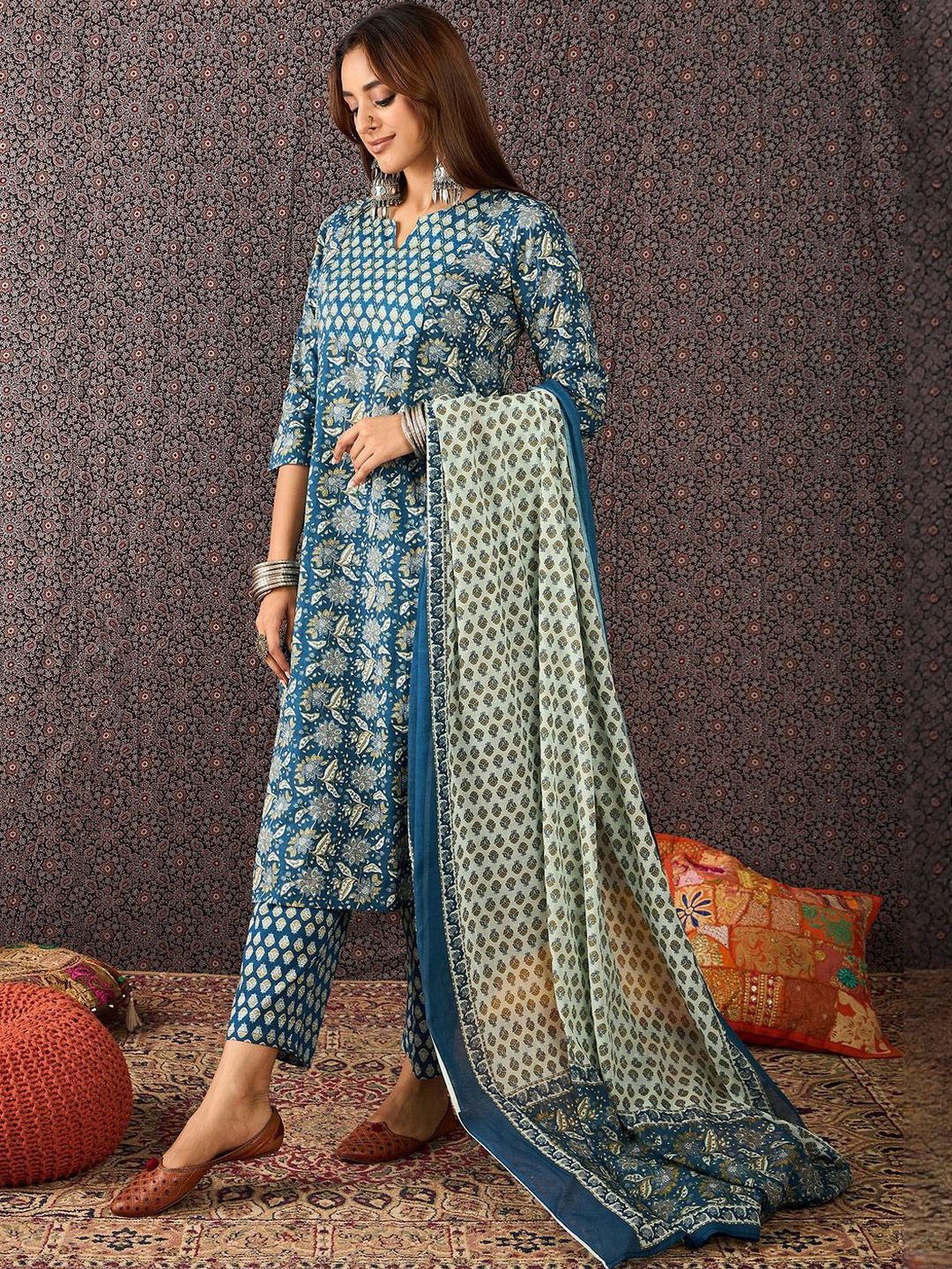 Women Ethnic Motifs Printed Cotton Kurta with Trousers & Dupatta