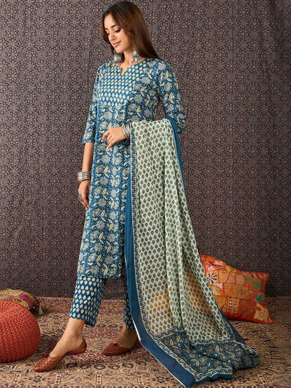 Women Ethnic Motifs Printed Cotton Kurta with Trousers & Dupatta