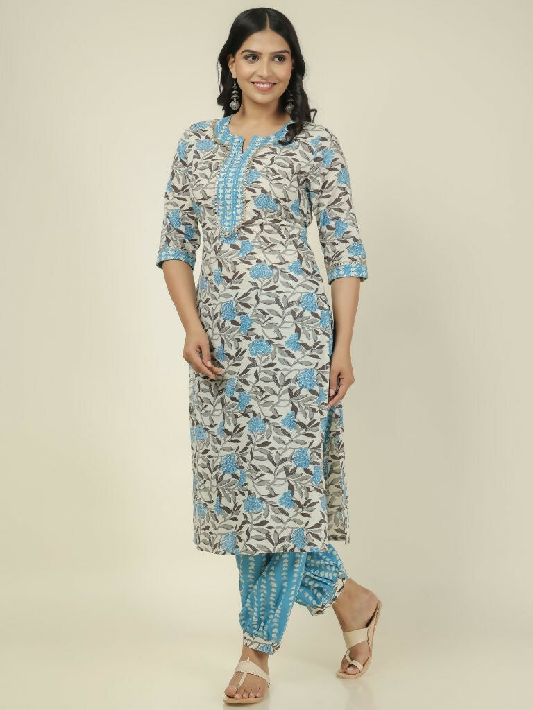 Women's Straight Soft Cotton Floral Print Women's Kurta - Off White