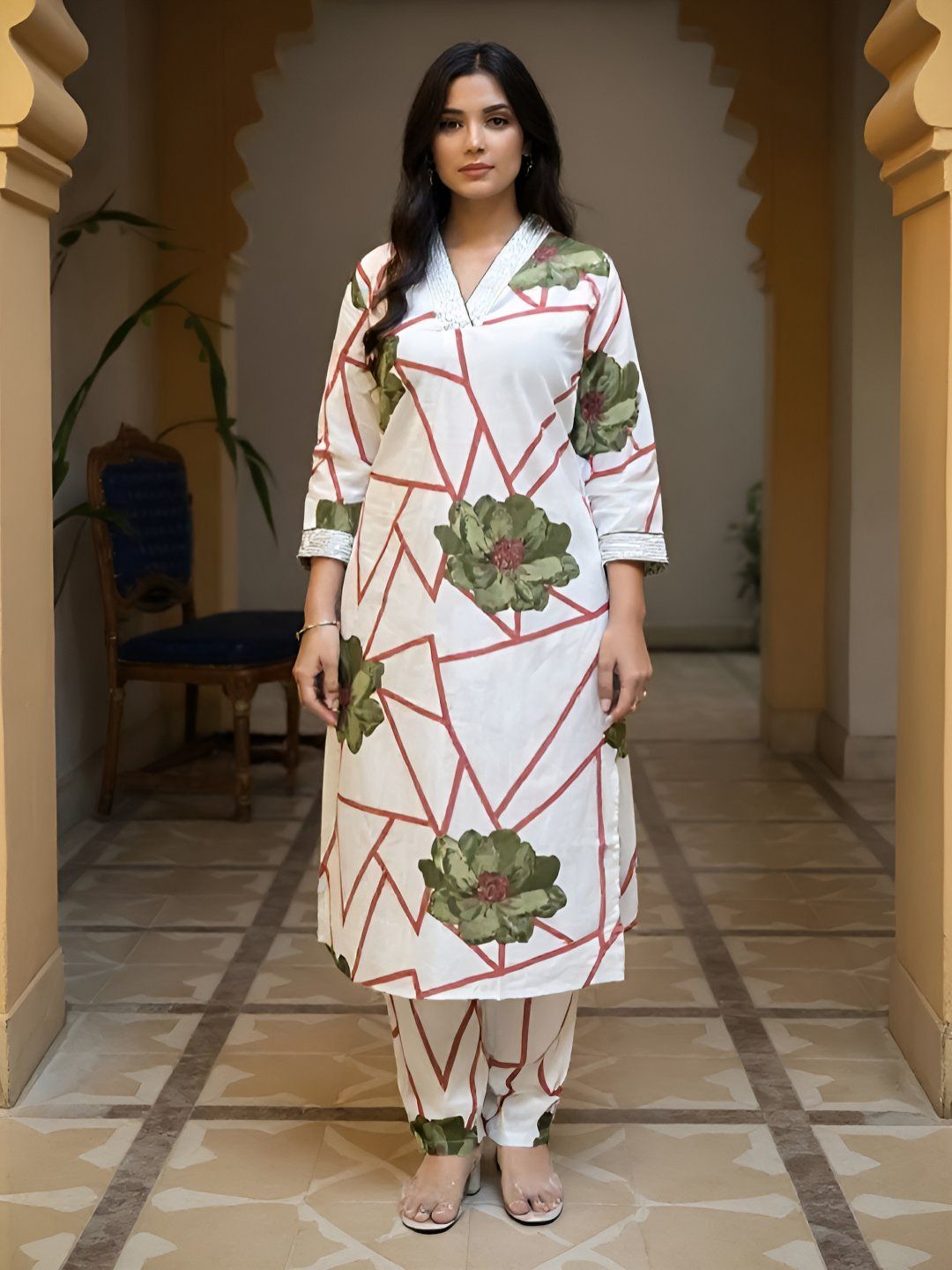 Dhiyona IE Women's Women Floral Printed Regular Thread Work Pure Cotton Kurta with Trousers