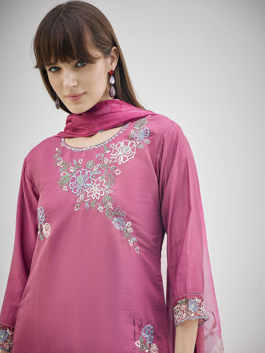 Floral Embroidered Thread Work Kurta With Trousers & Dupatta