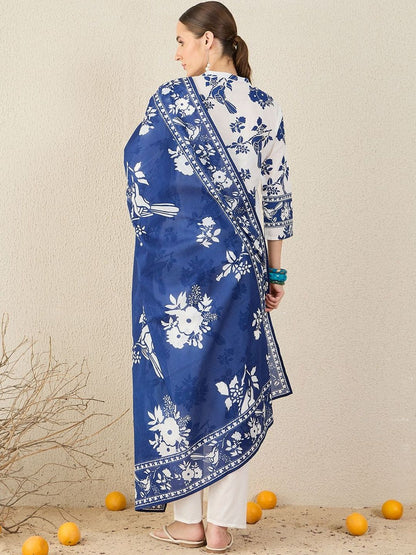 Women Floral Printed Cotton Kurta with Trousers & Dupatta