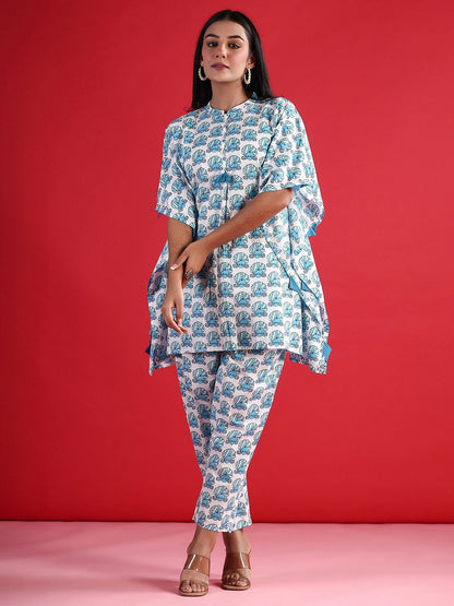 Dhiyona IE Printed Pure Cotton Mandarin Collar Neck Top & Flared Trouser Co-Ords
