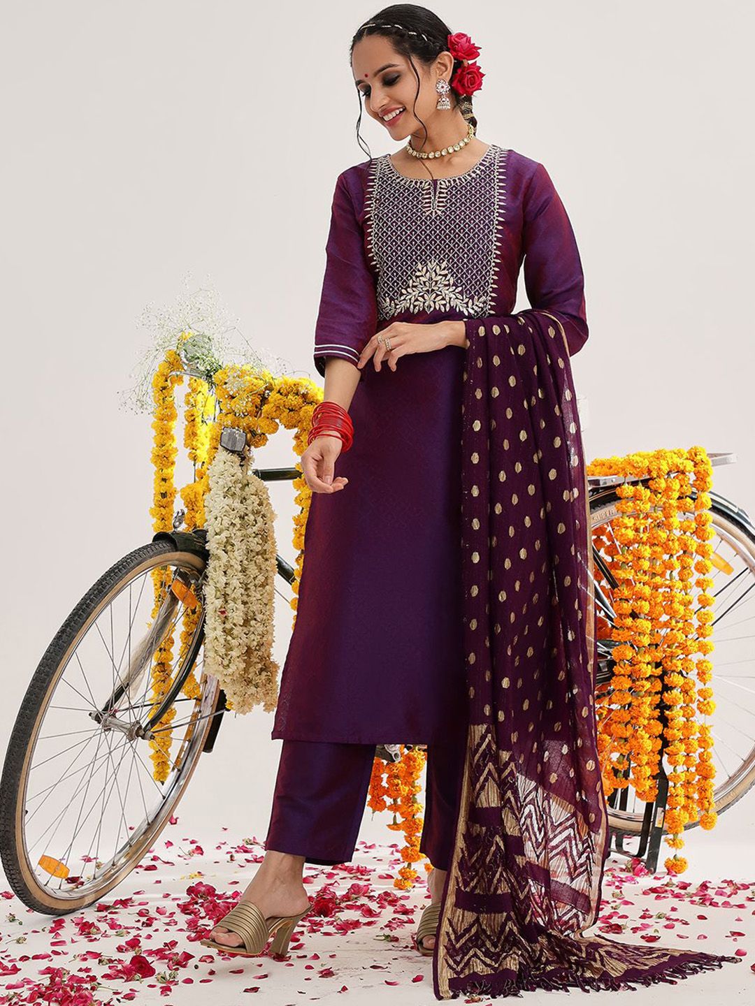 Dhiyona VA Women'sFloral Yoke Design Thread Work Kurta With Trousers & Dupatta