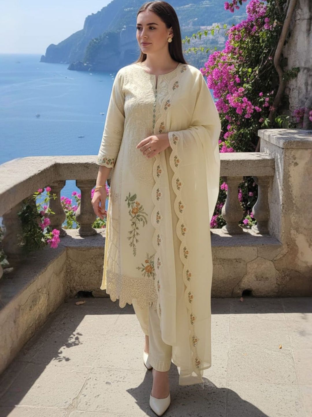 Floral Embroidered Thread Work Pure Cotton Straight Kurta With Trousers & Dupatta